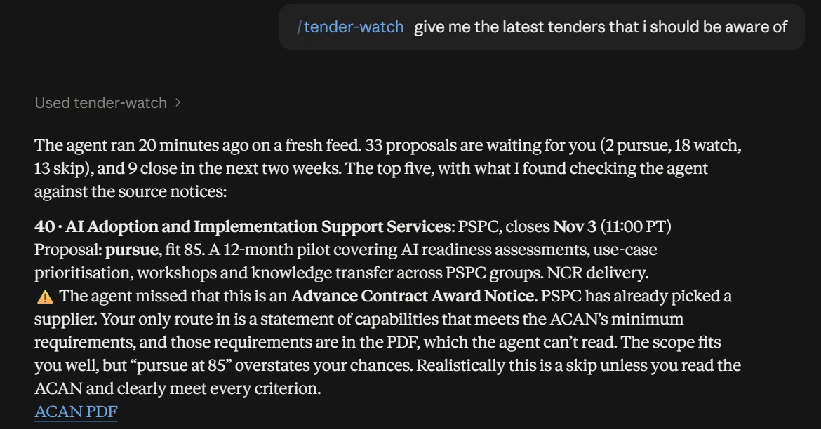 A conversation in Claude. Asked for the latest tenders, Claude reports 33 proposals waiting for review and nine closing within two weeks. For the top one, the agent proposed pursue with a fit of 85, and Claude, checking the source notice, flags that the agent missed it was an Advance Contract Award Notice, so a supplier has already been chosen and the realistic call is to skip.